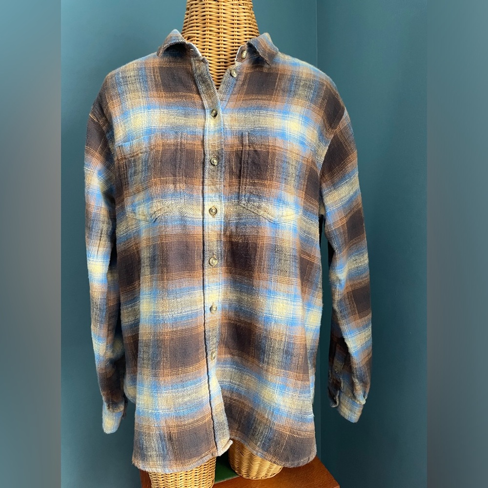 American Eagle Women’s Flannel Button front Shirt Brown Blue Plaid Sz XS Cotton